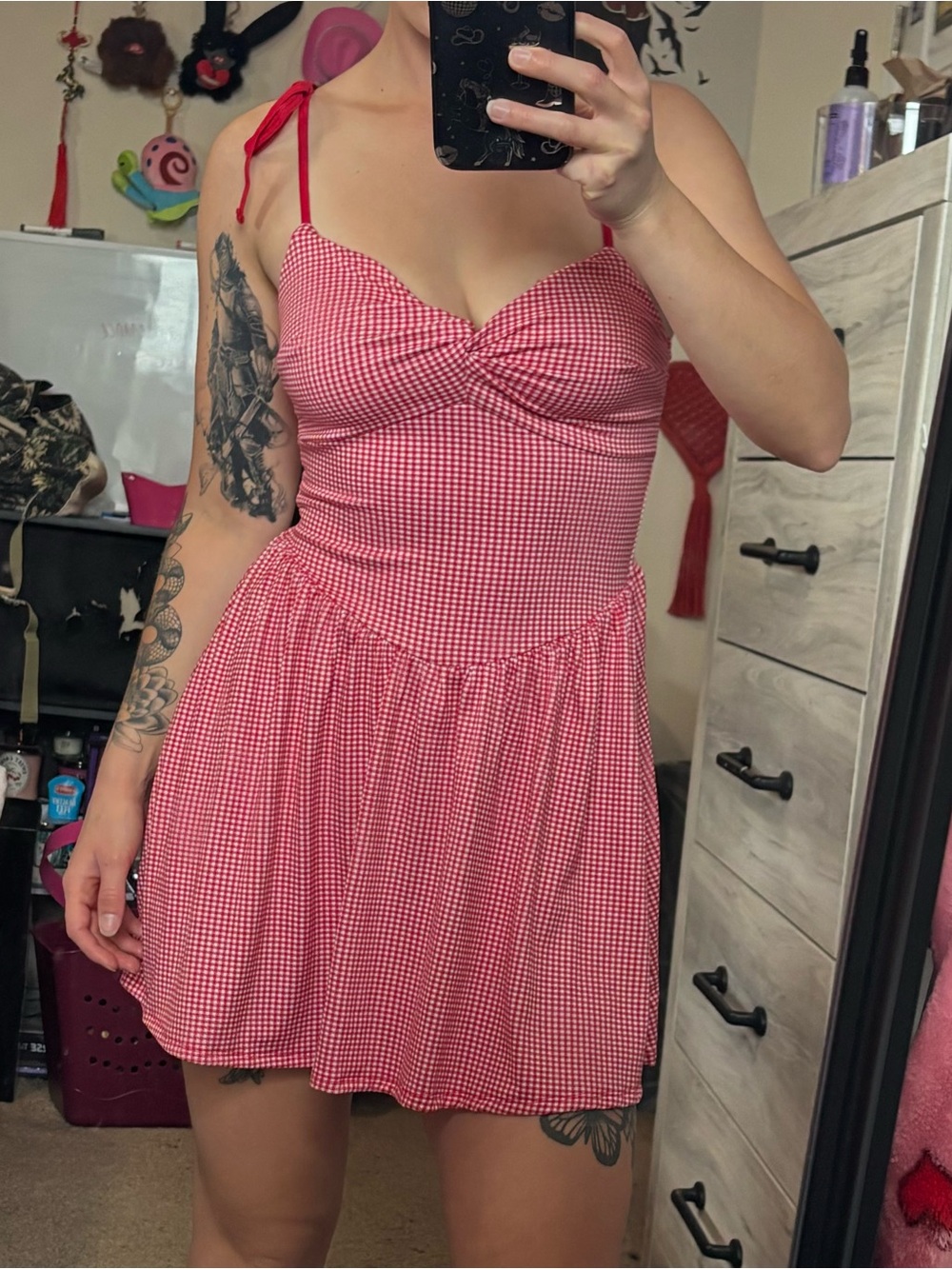 NEW Hollister Twist Bust Drop Waist Skirt Dress in Red Gingham